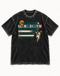 Chihuahua The End Curls Retro Stripe Graphic Washed Tee in Black, flat lay product photo