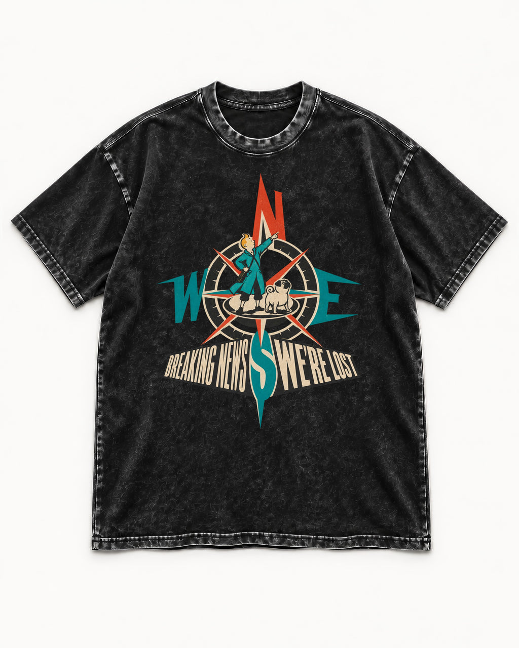 Pug Breaking News We're Lost Compass Graphic Washed Tee in Black, flat lay product photo