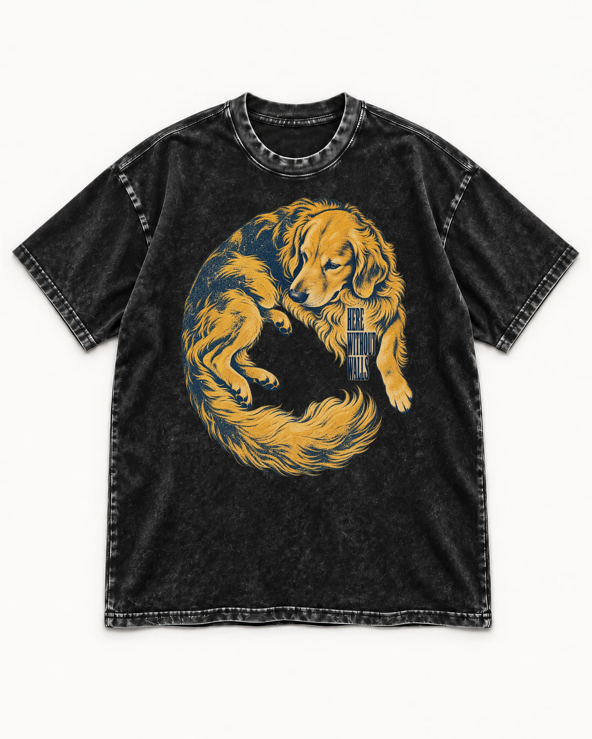 Golden Retriever Here Without Walls Curled Portrait Graphic Washed Tee in Black, flat lay product photo