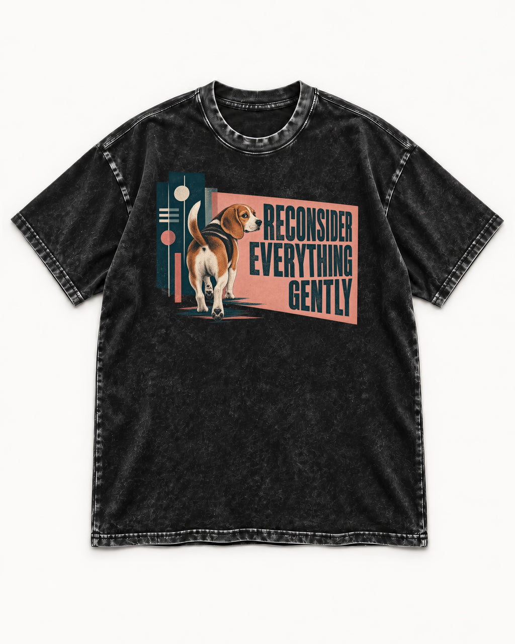 Beagle Reconsider Everything Gently Retro Graphic Washed Tee in Black, flat lay product photo