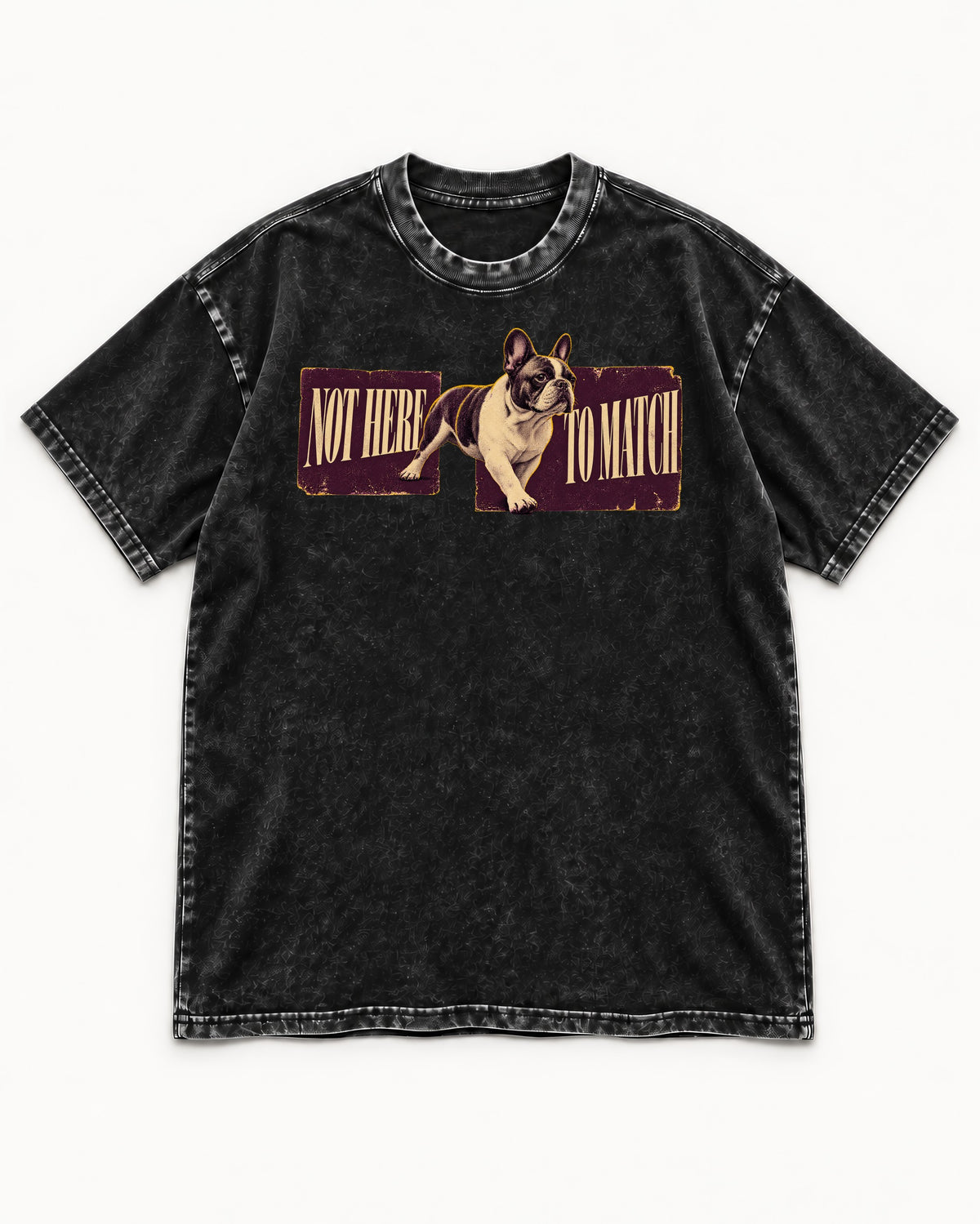 Frenchie Not Here to Watch Panels Graphic Washed Tee in Black, flat lay product photo