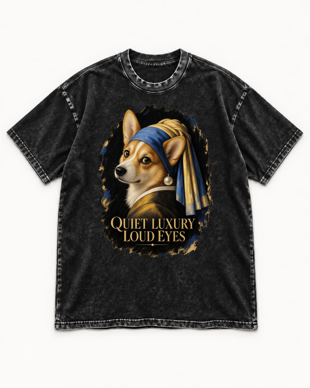Corgi Quiet Luxury Loud Eyes Pearl Earring Portrait Washed Tee in Black, flat lay product photo