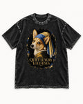 Corgi Quiet Luxury Loud Eyes Pearl Earring Portrait Washed Tee in Black, flat lay product photo