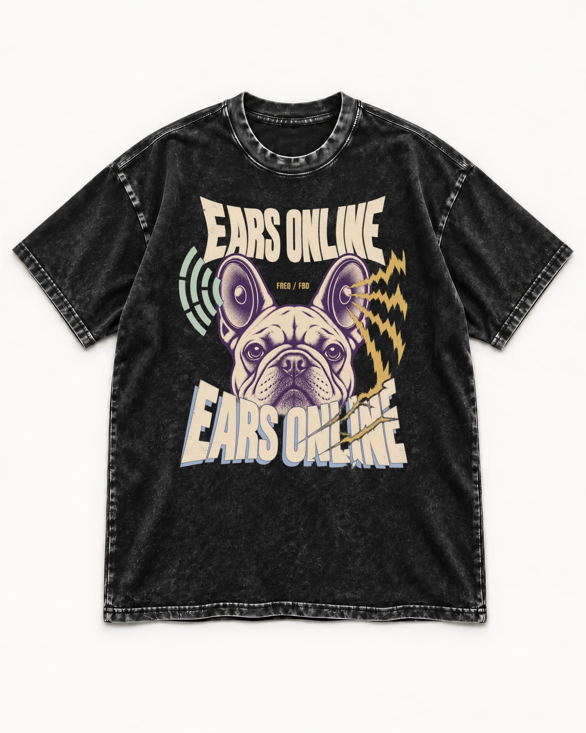 Frenchie Ears Online Audio Signal Graphic Washed Tee in Black, flat lay product photo