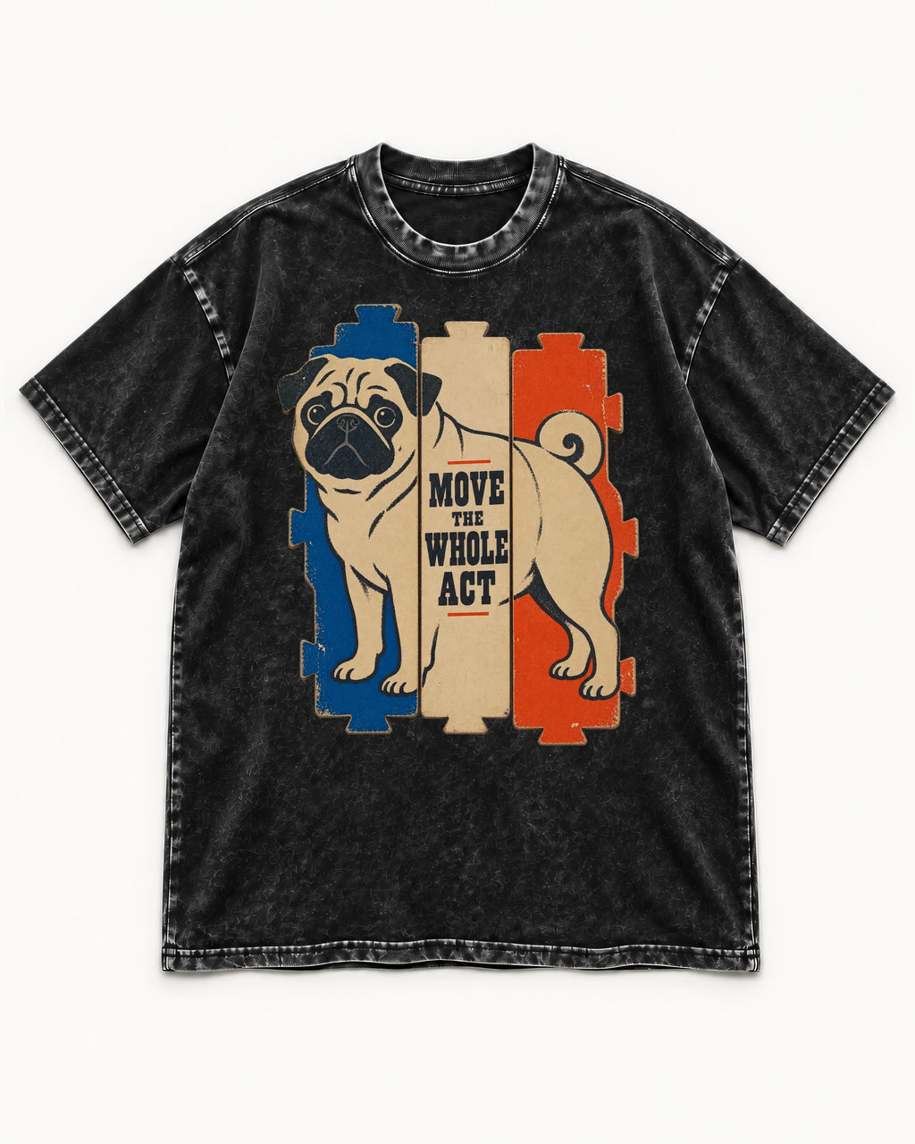 Pug Move the Whole Act Color Block Graphic Washed Tee in Black, flat lay product photo