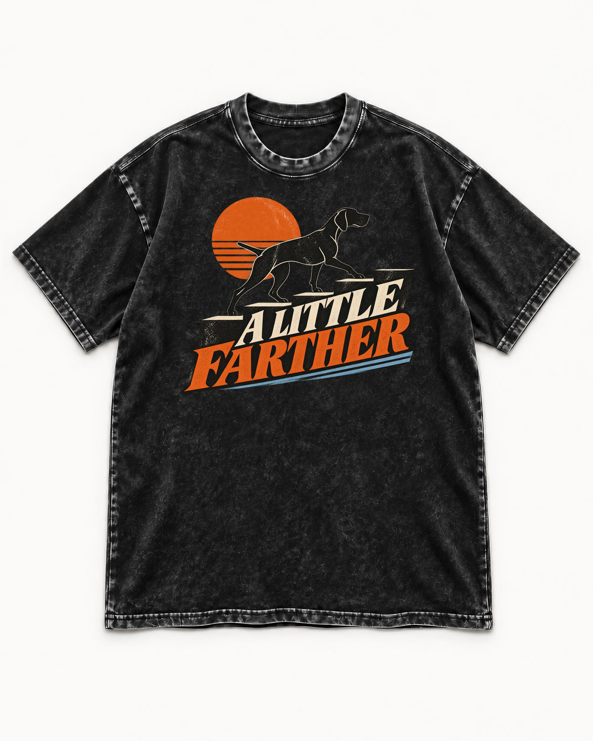German Shorthaired Pointer A Little Farther Sunset Steps Graphic Washed Tee in Black, flat lay product photo