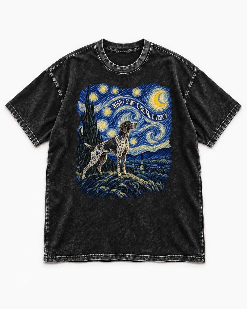 German Shorthaired Pointer Night Shift Orbital Division Starry Night Graphic Washed Tee in Black, flat lay product photo