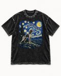German Shorthaired Pointer Night Shift Orbital Division Starry Night Graphic Washed Tee in Black, flat lay product photo