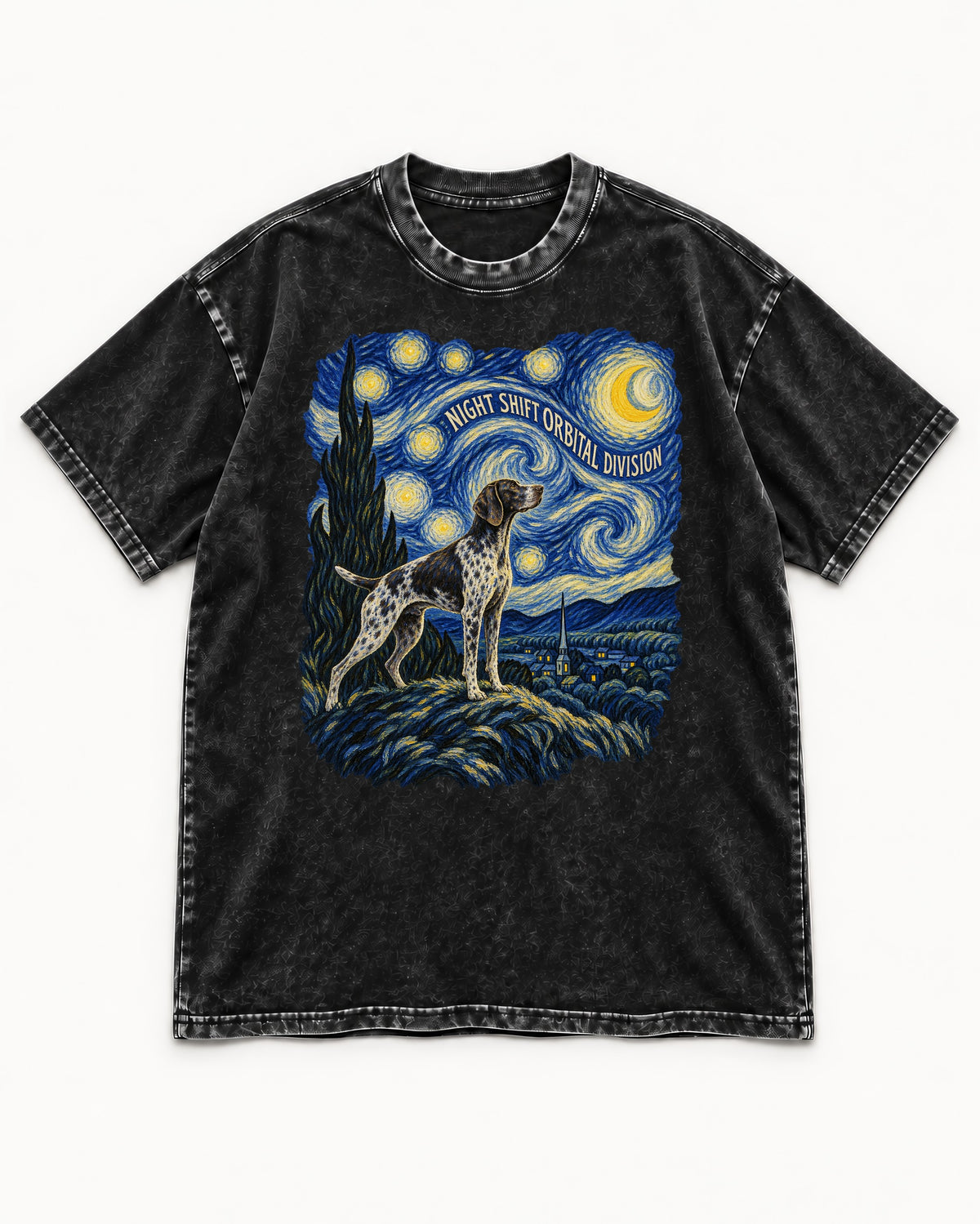 German Shorthaired Pointer Night Shift Orbital Division Starry Night Graphic Washed Tee in Black, flat lay product photo