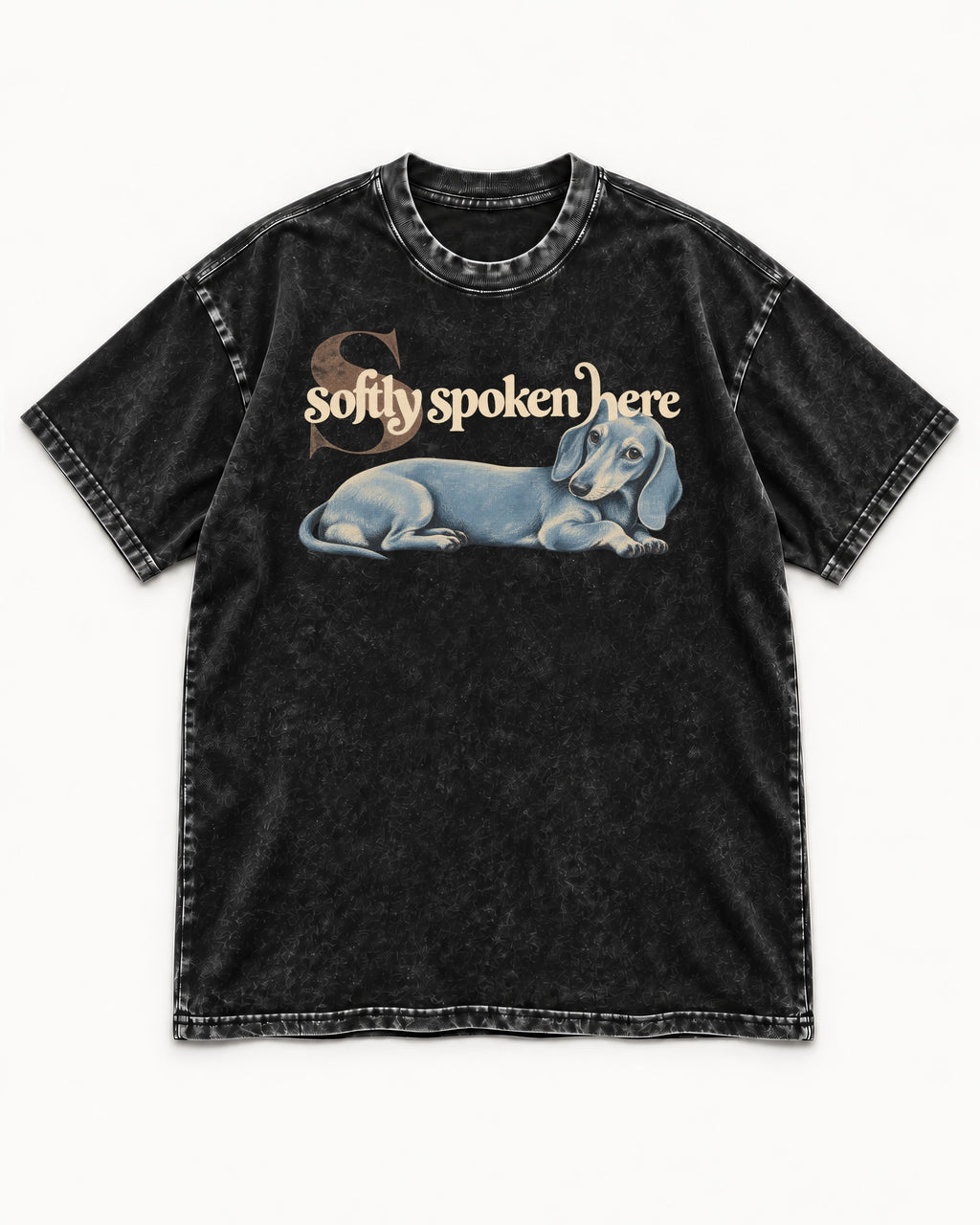 Dachshund Softly Spoken Here Reclining Portrait Graphic Washed Tee in Black, flat lay product photo