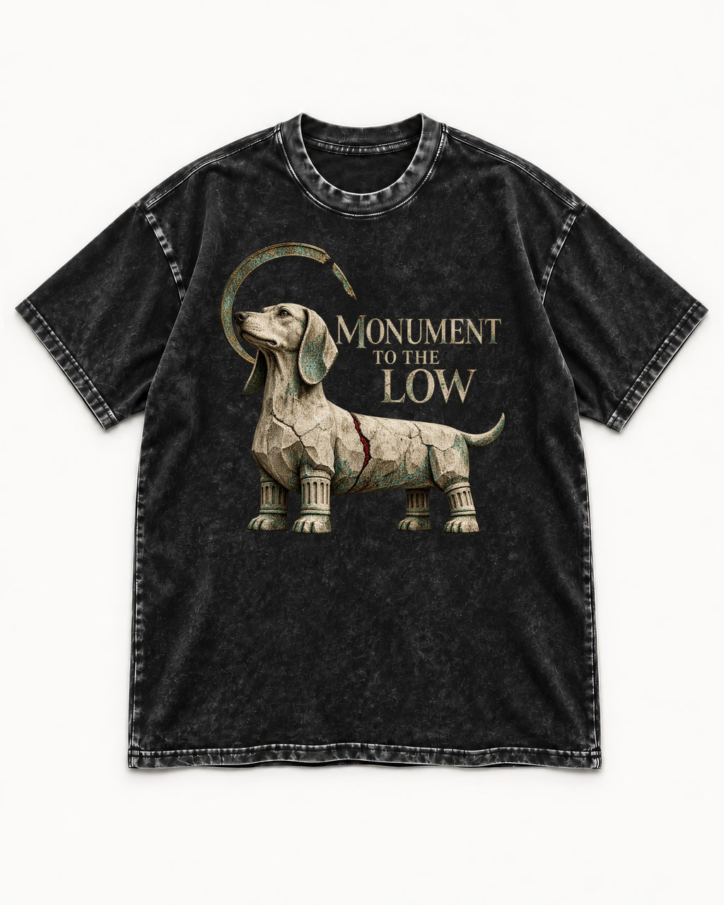 Dachshund Monument to the Low Stone Statue Graphic Washed Tee in Black, flat lay product photo