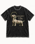 Dachshund Monument to the Low Stone Statue Graphic Washed Tee in Black, flat lay product photo