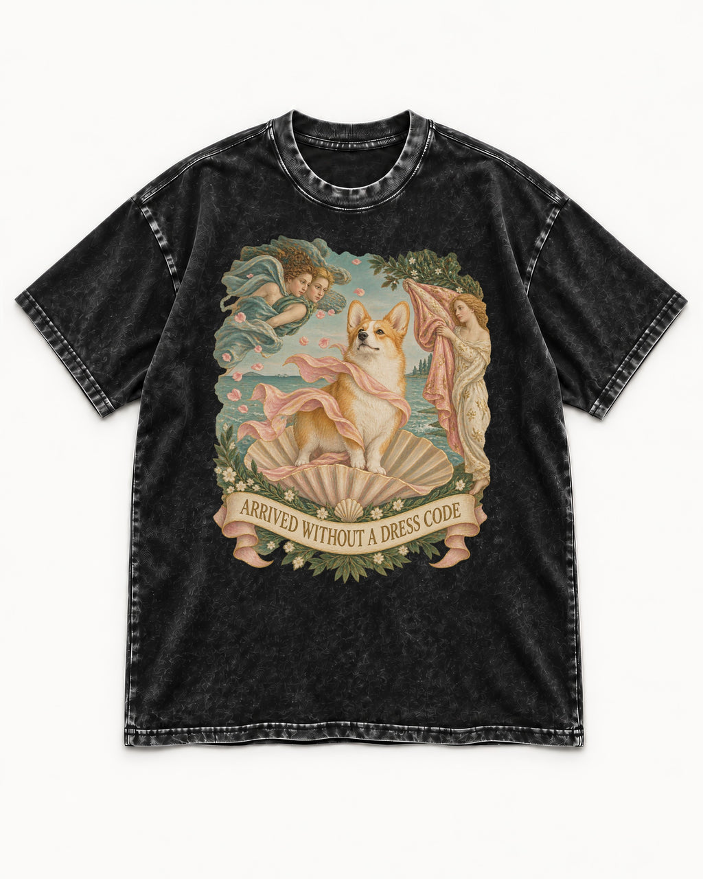 Corgi Arrived Without a Dress Code Birth of Venus Washed Tee in Black, flat lay product photo