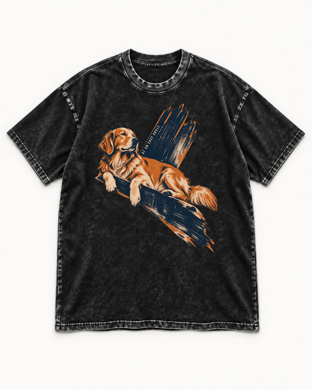 Golden Retriever At an Easy Angle Brushstroke Lounge Graphic Washed Tee in Black, flat lay product photo