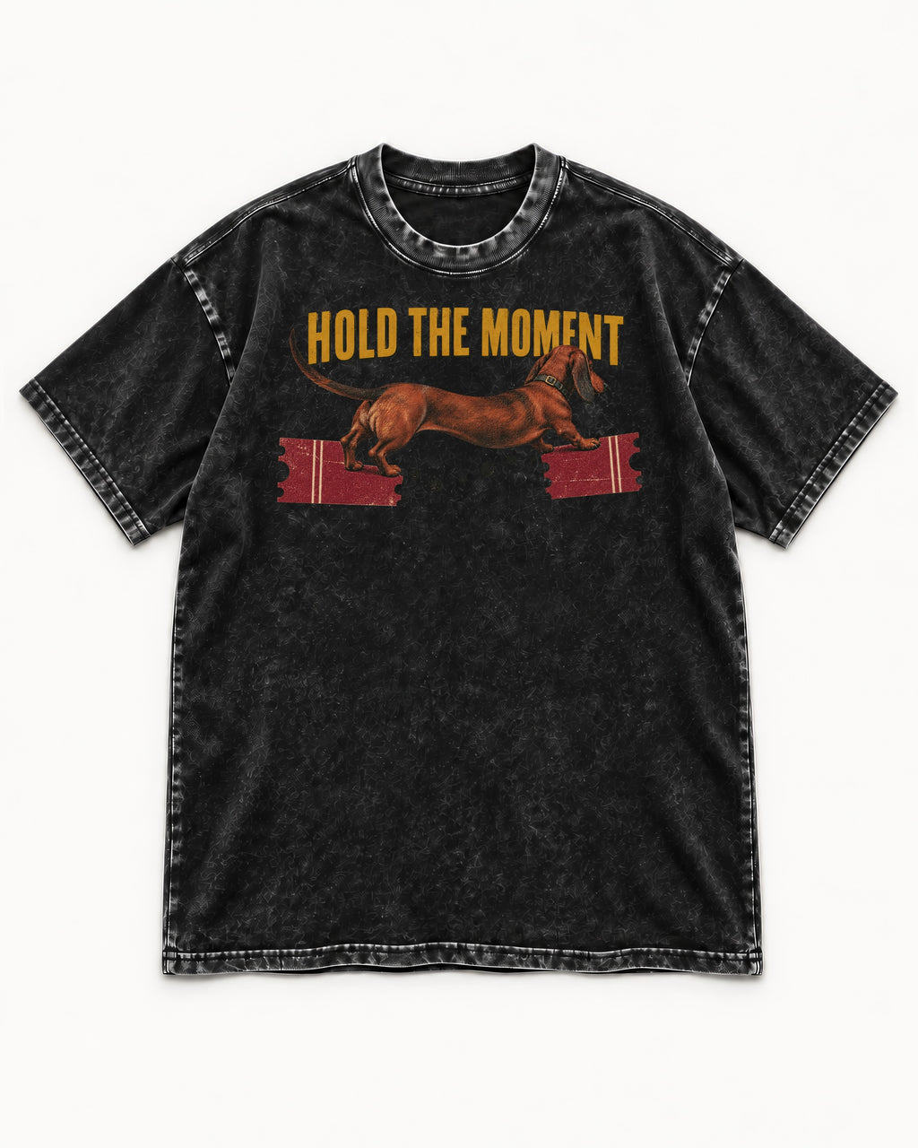 Dachshund Hold The Moment Torn Ticket Bridge Graphic Washed Tee in Black, flat lay product photo