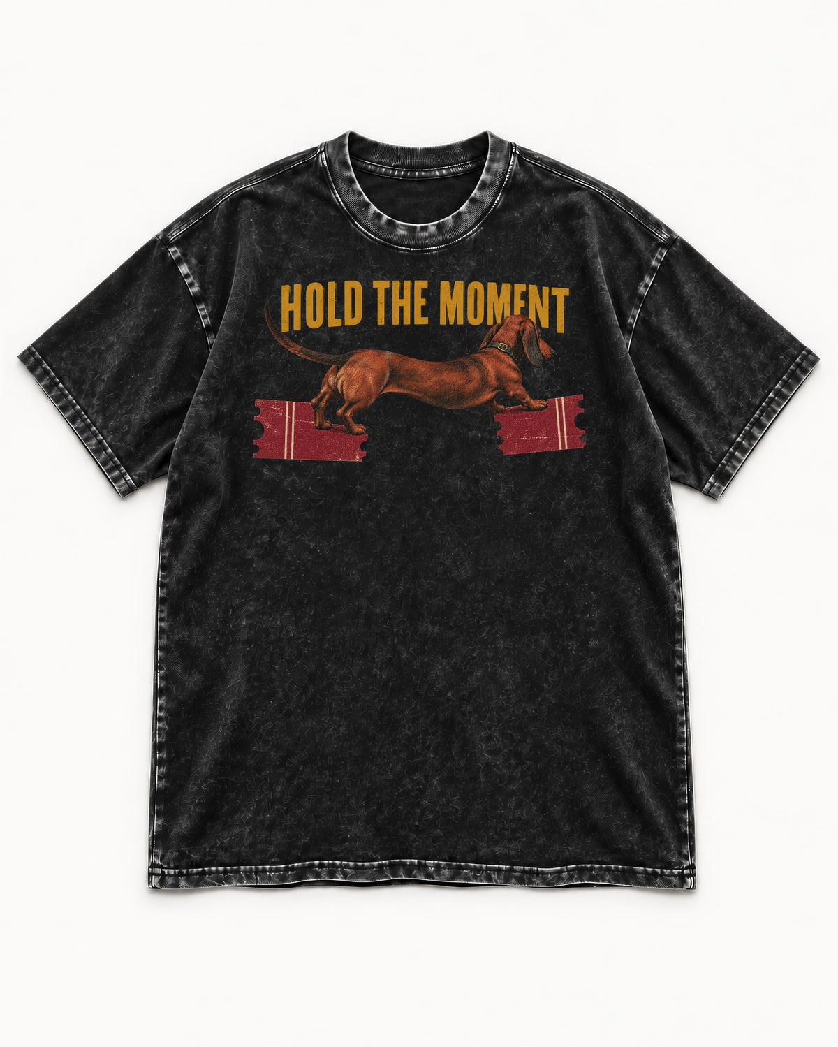 Dachshund Hold The Moment Torn Ticket Bridge Graphic Washed Tee in Black, flat lay product photo