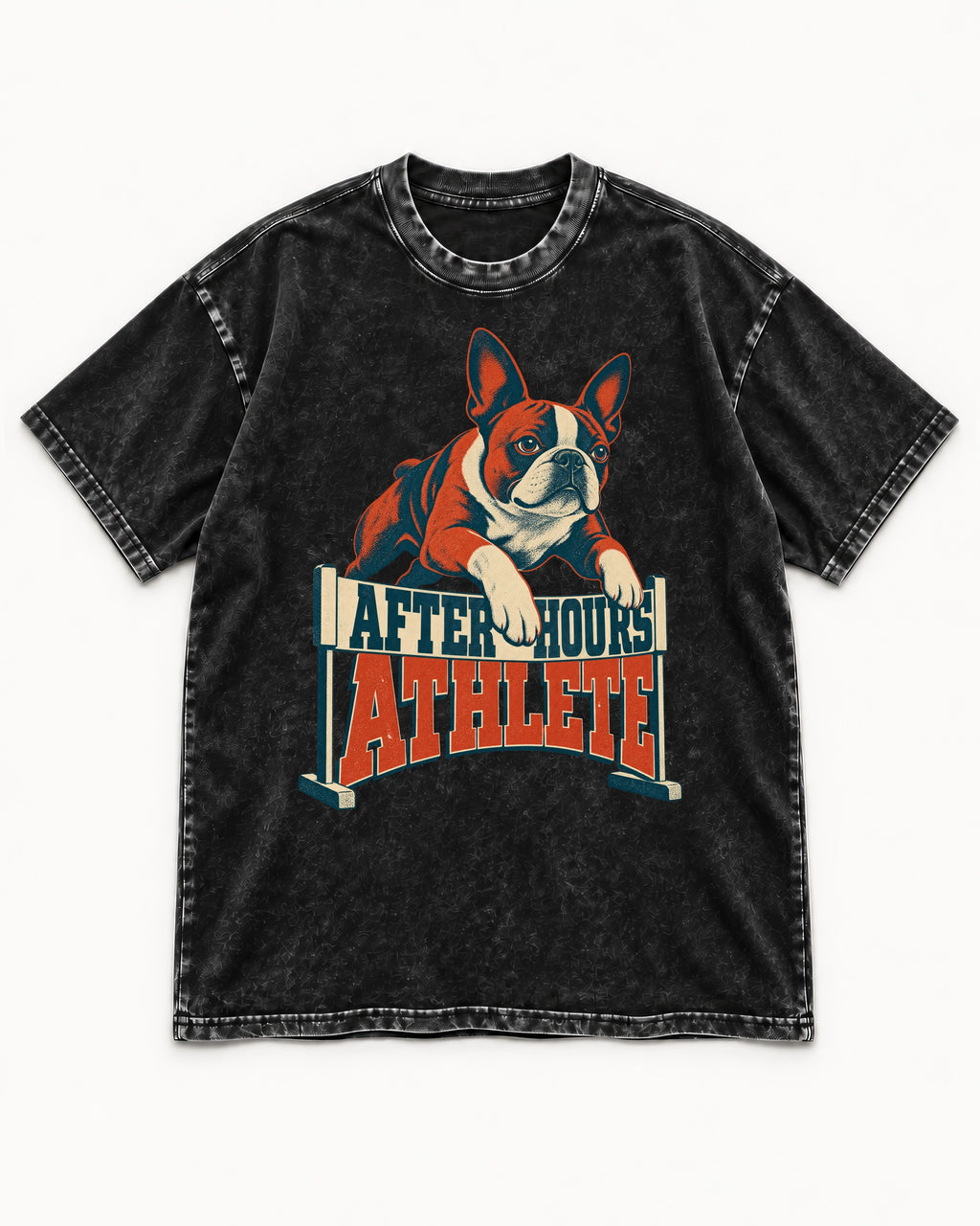 After Hours Athlete Boston Terrier Washed Tee in Black, flat lay product photo