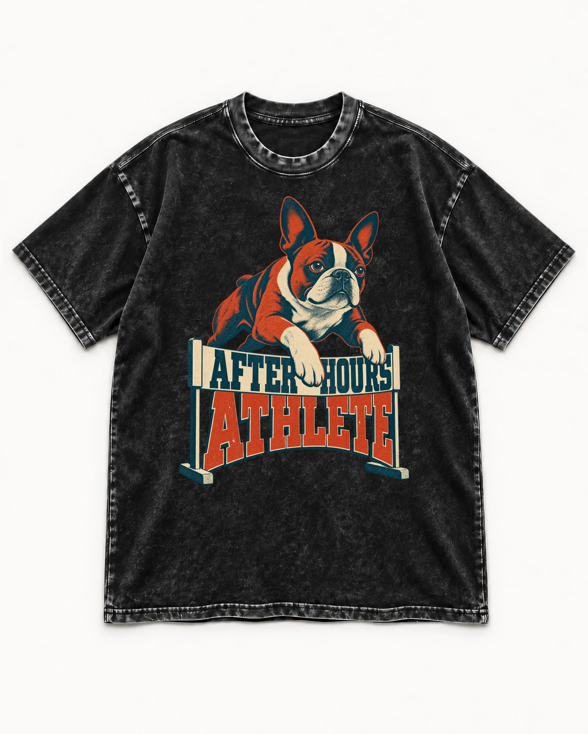 After Hours Athlete Boston Terrier Washed Tee in Black, flat lay product photo