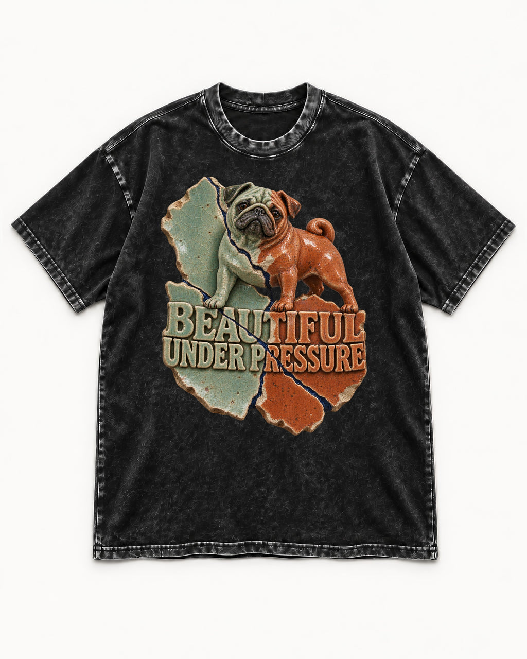 Pug Beautiful Under Pressure Cracked Ceramic Graphic Washed Tee in Black, flat lay product photo