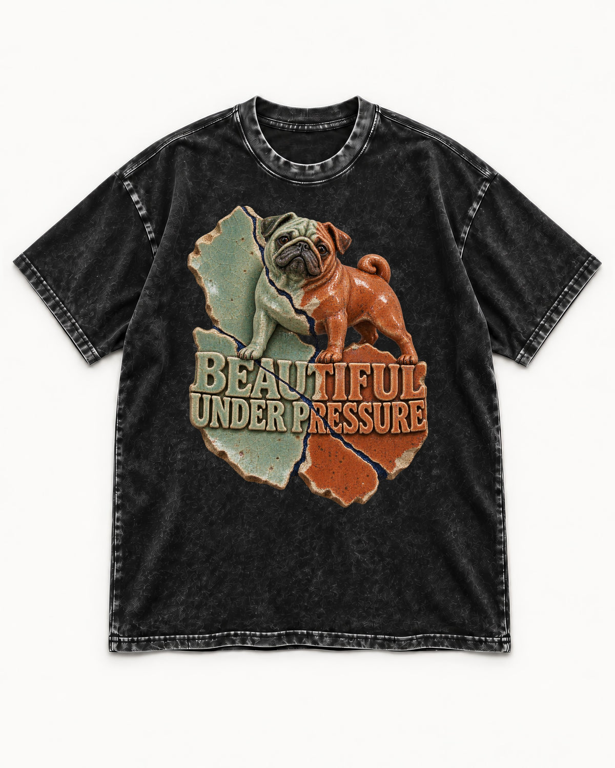 Pug Beautiful Under Pressure Cracked Ceramic Graphic Washed Tee in Black, flat lay product photo