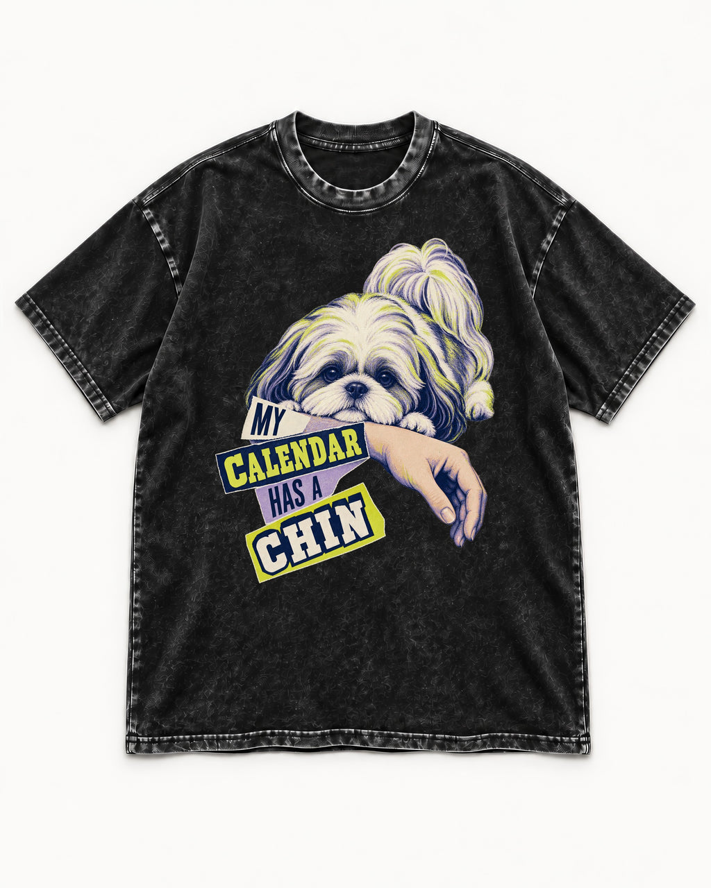 Shih Tzu My Calendar Has a Chin Arm Rest Graphic Washed Tee in Black, flat lay product photo