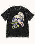 Shih Tzu My Calendar Has a Chin Arm Rest Graphic Washed Tee in Black, flat lay product photo