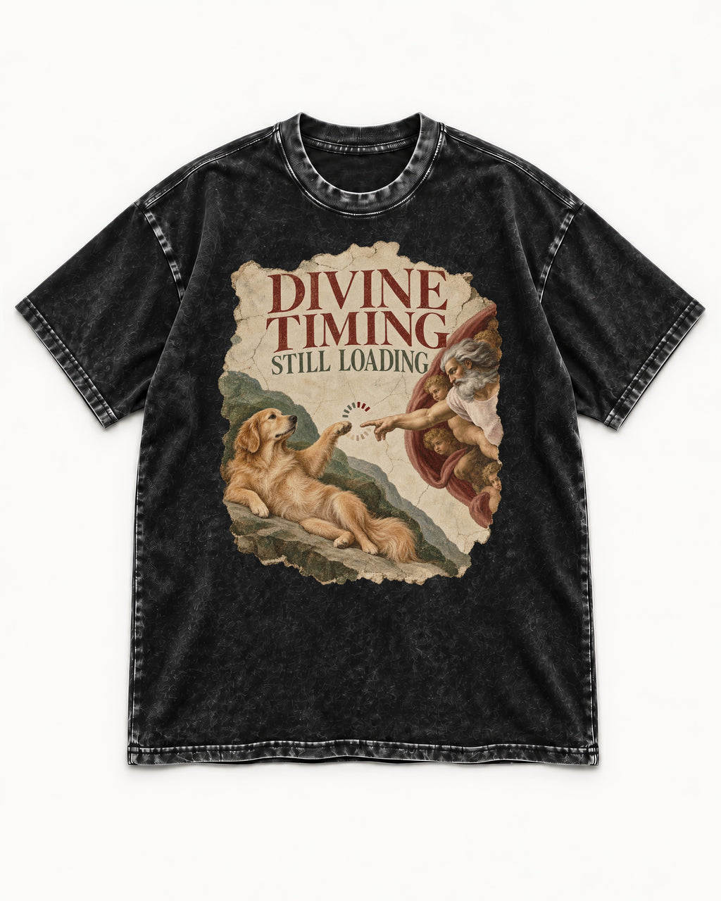 Divine Timing Still Loading Creation Scene Golden Retriever Graphic Washed Tee in Black, flat lay product photo