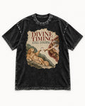 Divine Timing Still Loading Creation Scene Golden Retriever Graphic Washed Tee in Black, flat lay product photo