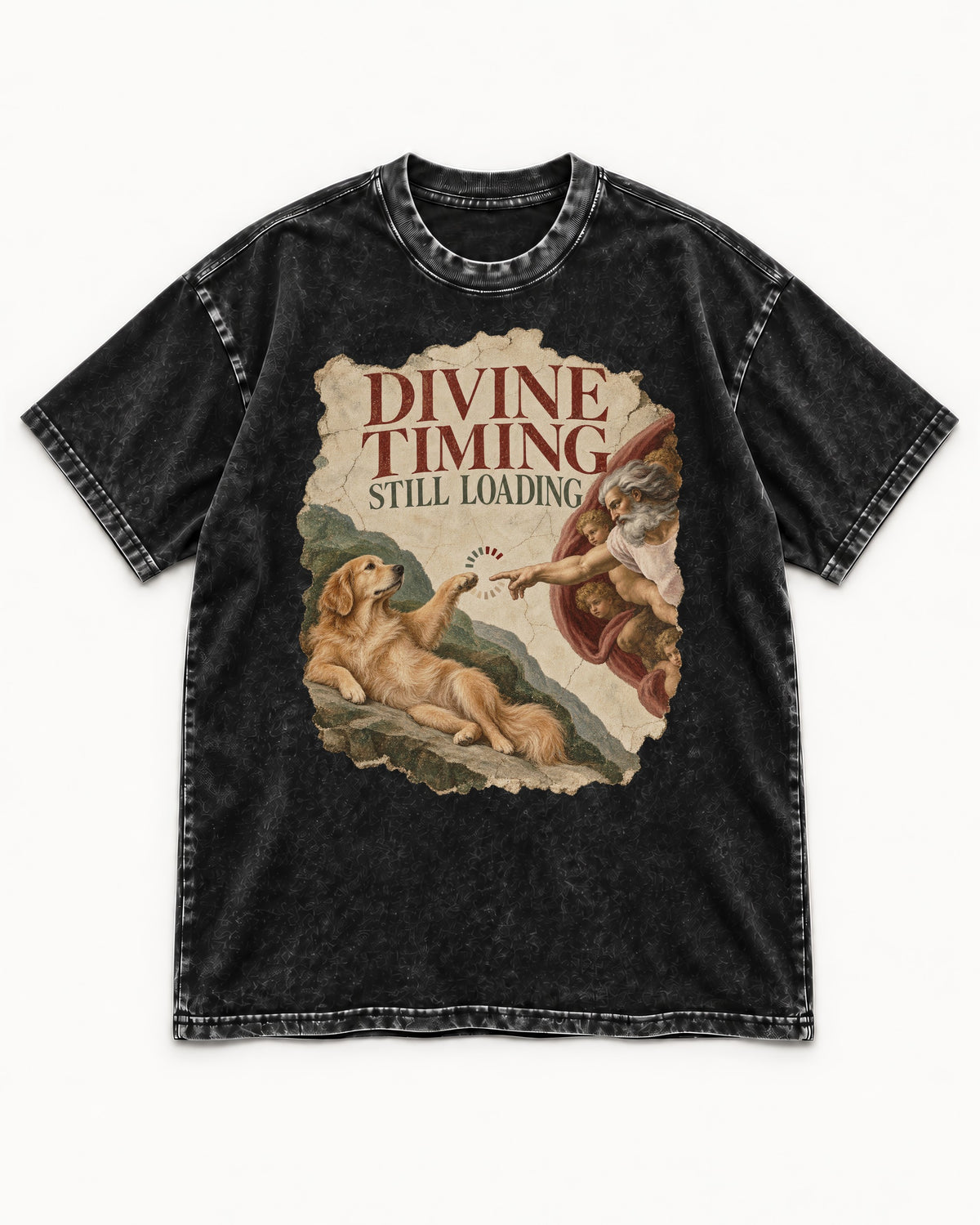 Divine Timing Still Loading Creation Scene Golden Retriever Graphic Washed Tee in Black, flat lay product photo