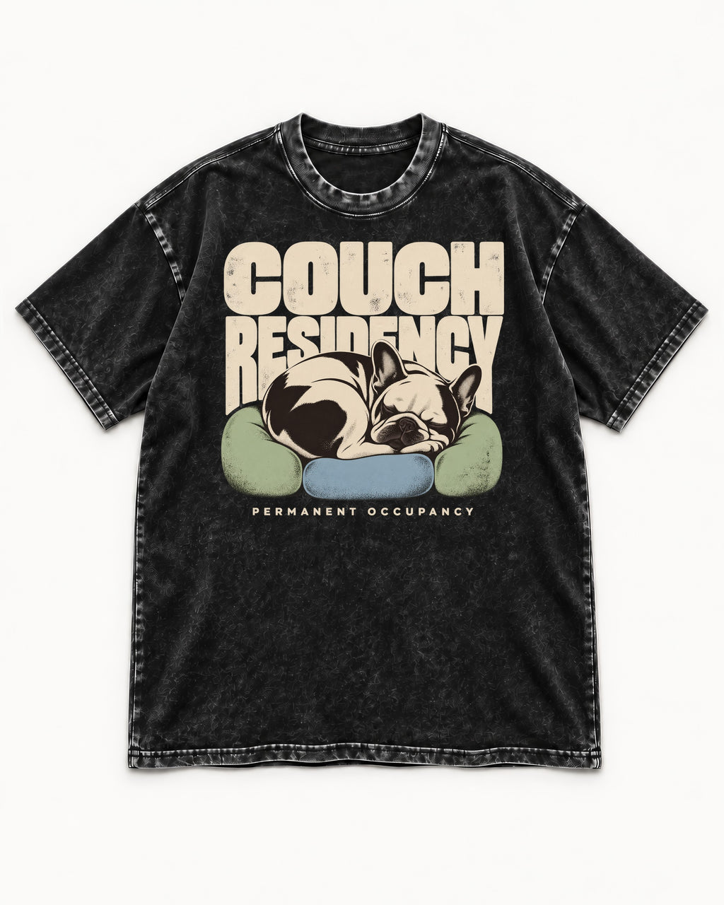 Frenchie Couch Residency Permanent Occupancy Cushion Graphic Washed Tee in Black, flat lay product photo