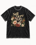 Frenchie Still Here Floral Portrait Graphic Washed Tee in Black, flat lay product photo