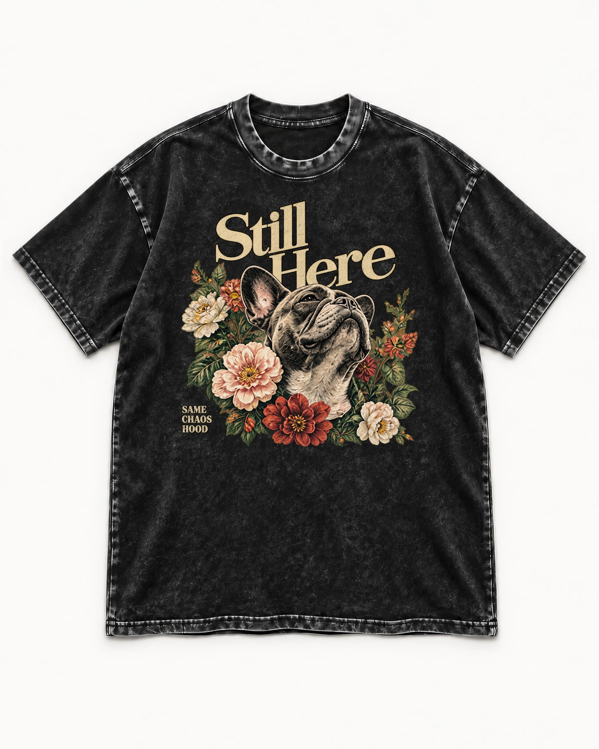 Frenchie Still Here Floral Portrait Graphic Washed Tee in Black, flat lay product photo