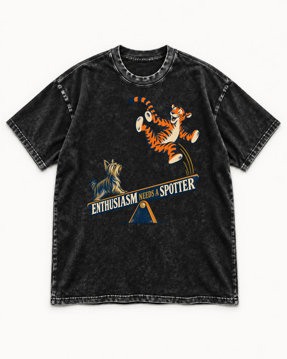Yorkshire Terrier Enthusiasm Needs a Spotter Seesaw Graphic Washed Tee in Black, flat lay product photo