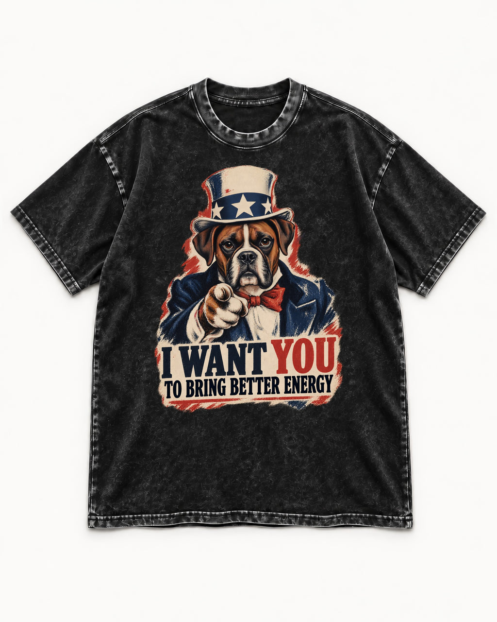I Want You to Bring Better Energy Boxer Recruitment Poster Graphic Washed Tee in Black, flat lay product photo