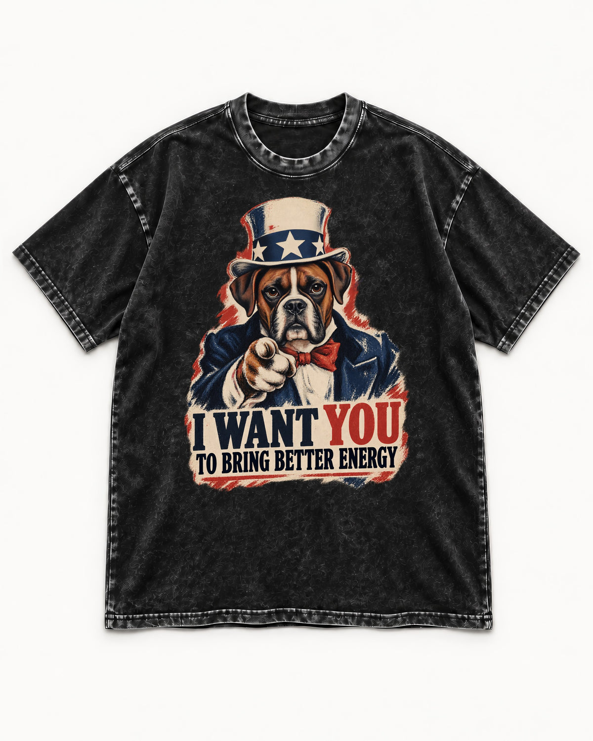 I Want You to Bring Better Energy Boxer Recruitment Poster Graphic Washed Tee in Black, flat lay product photo