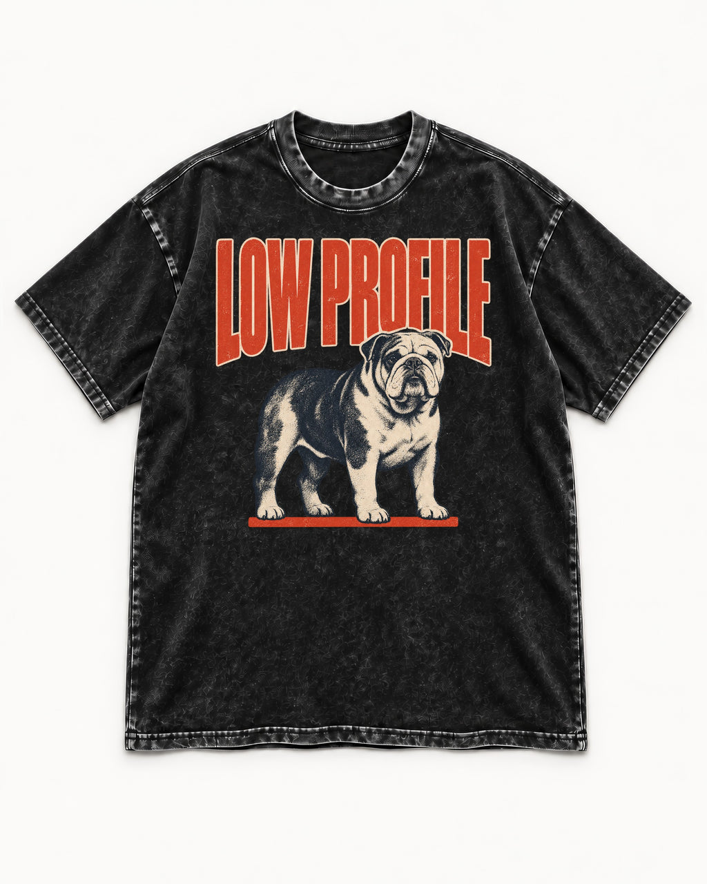 English Bulldog Low Profile Standing Graphic Washed Tee in Black, flat lay product photo