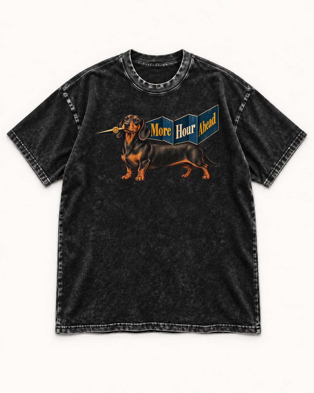 Dachshund More Hour Ahead Foldout Banner Graphic Washed Tee in Black, flat lay product photo