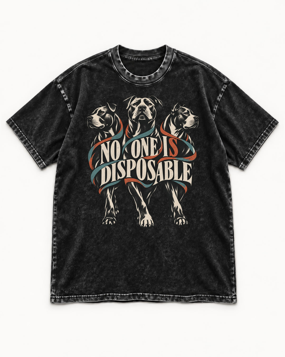 Pitbull No One Is Disposable Three Dogs Graphic Washed Tee in Black, flat lay product photo