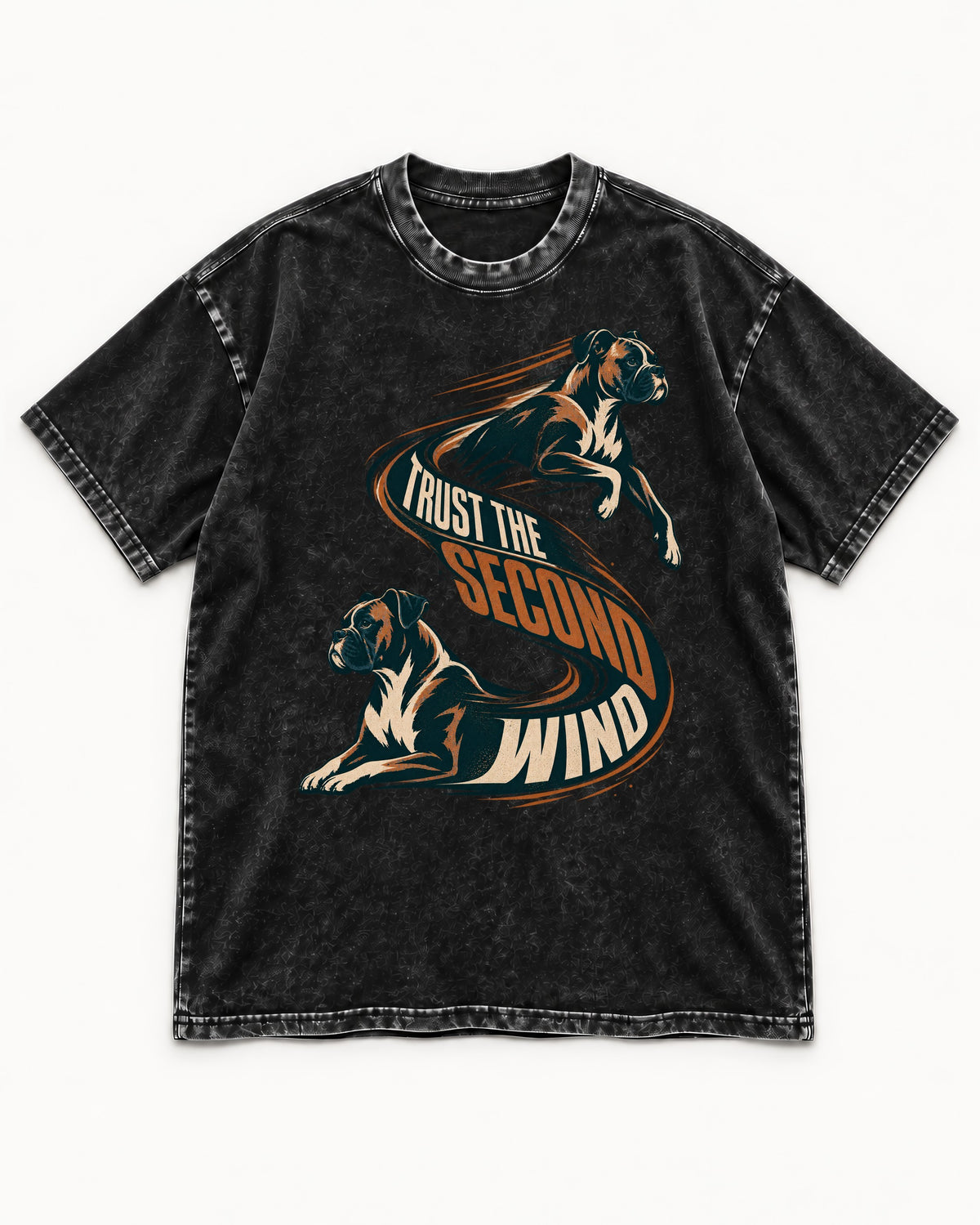 Trust the Second Wind Boxer Motion Graphic Washed Tee in Black, flat lay product photo