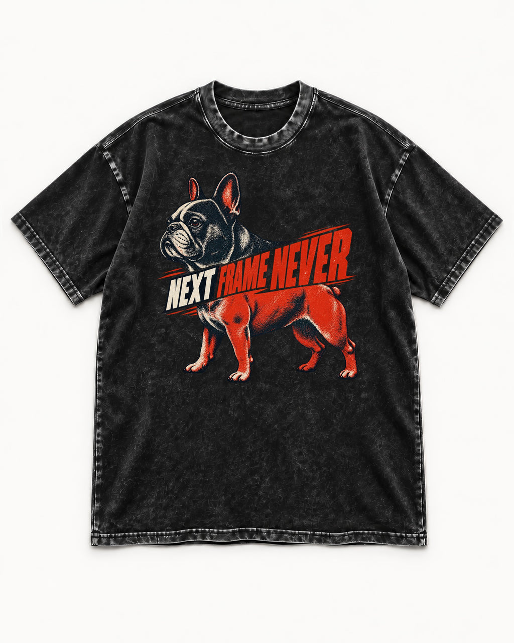 Frenchie Next Frame Never Motion Banner Graphic Washed Tee in Black, flat lay product photo