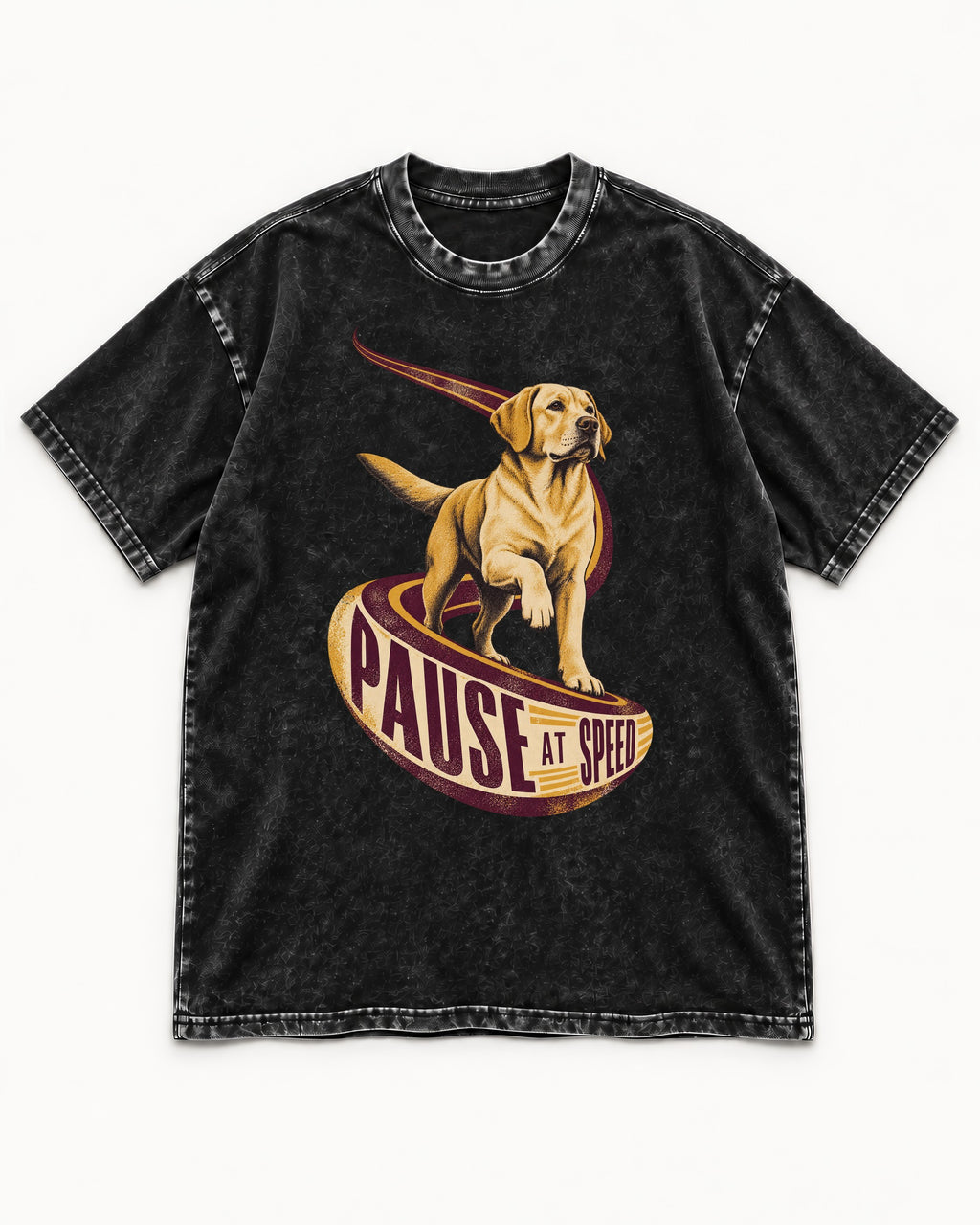 Labrador Retriever Pause at Speed Ribbon Graphic Washed Tee in Black, flat lay product photo