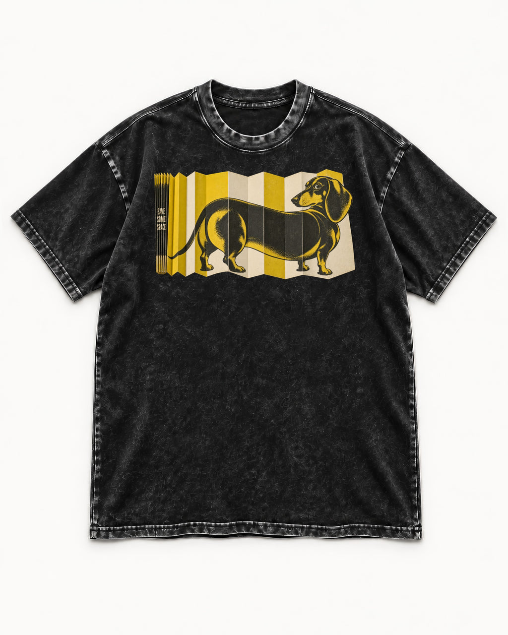 Dachshund Save Some Space Accordion Screen Graphic Washed Tee in Black, flat lay product photo