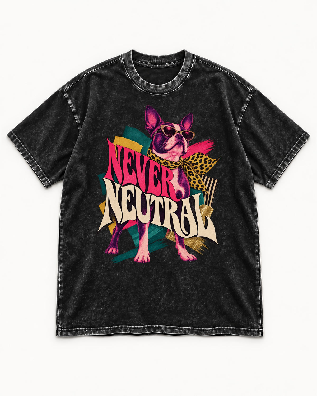 Boston Terrier Never Neutral Fashion Collage Graphic Washed Tee in Black, flat lay product photo