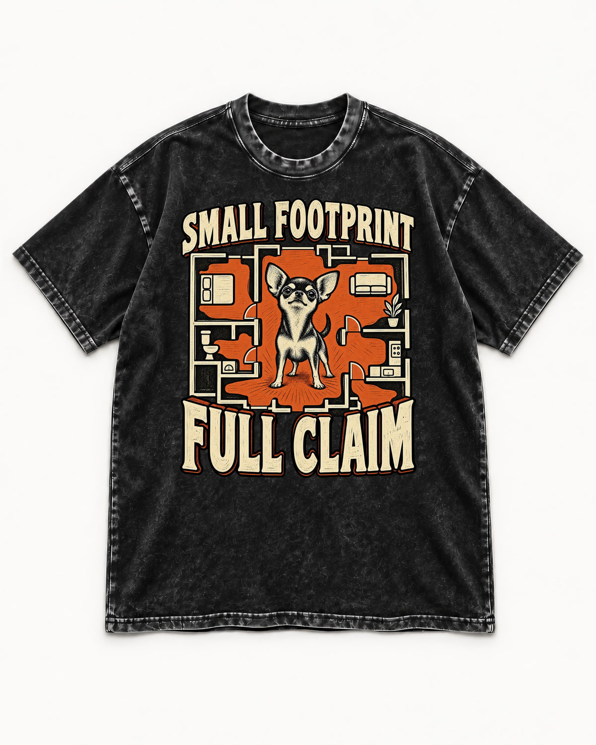 Chihuahua Small Footprint Full Claim Floor Plan Graphic Washed Tee in Black, flat lay product photo