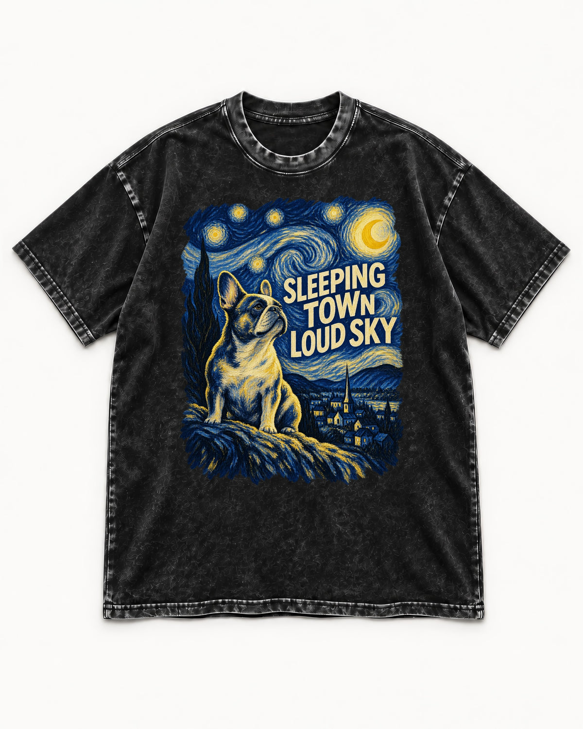 Frenchie Sleeping Town Loud Sky Graphic Washed Tee in Black, flat lay product photo
