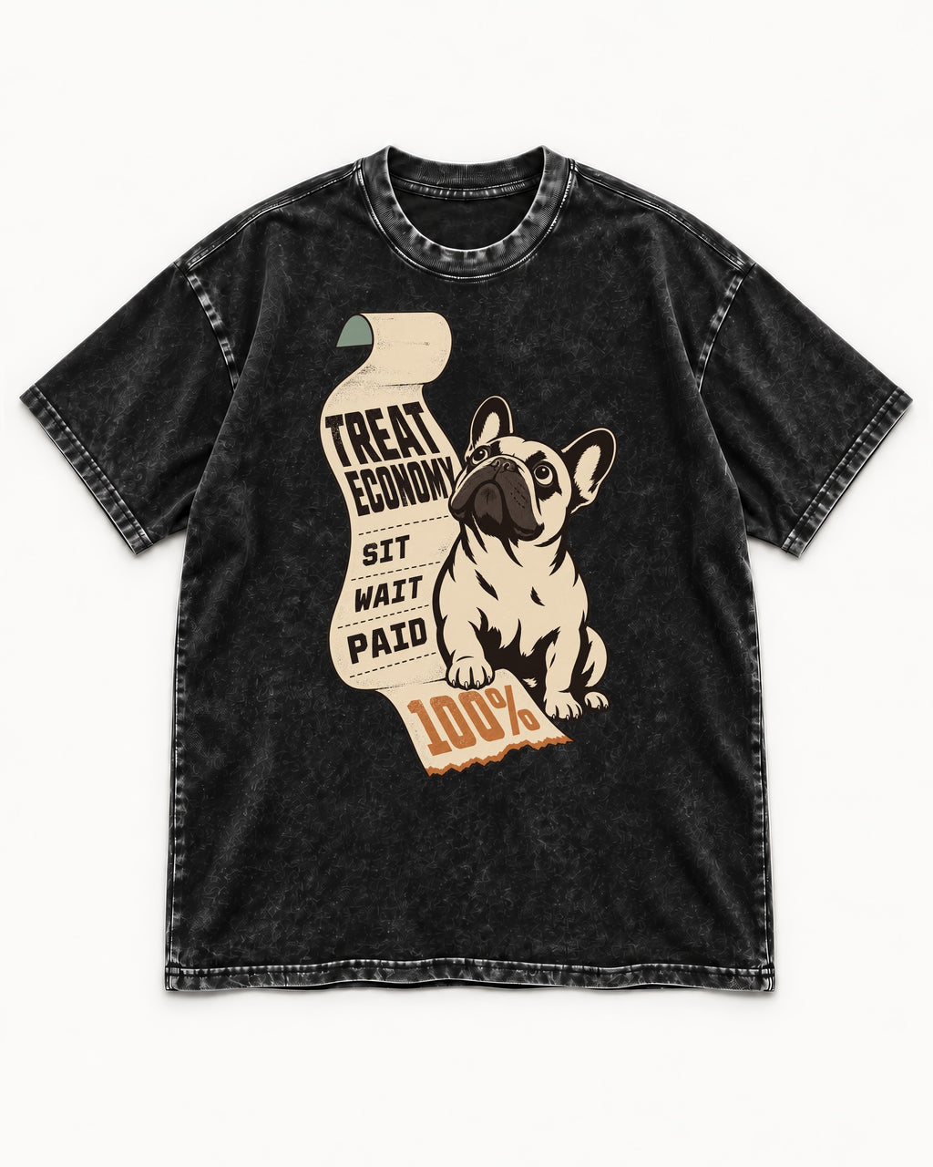Frenchie Treat Economy Sit Wait Paid Receipt Graphic Washed Tee in Black, flat lay product photo