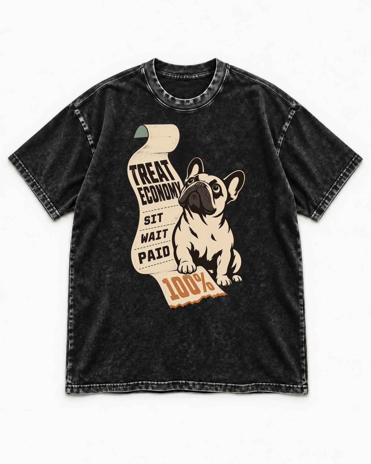 Frenchie Treat Economy Sit Wait Paid Receipt Graphic Washed Tee in Black, flat lay product photo