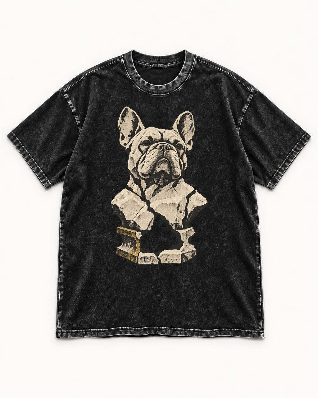 Frenchie Fractured Stone Bust Graphic Washed Tee in Black, flat lay product photo