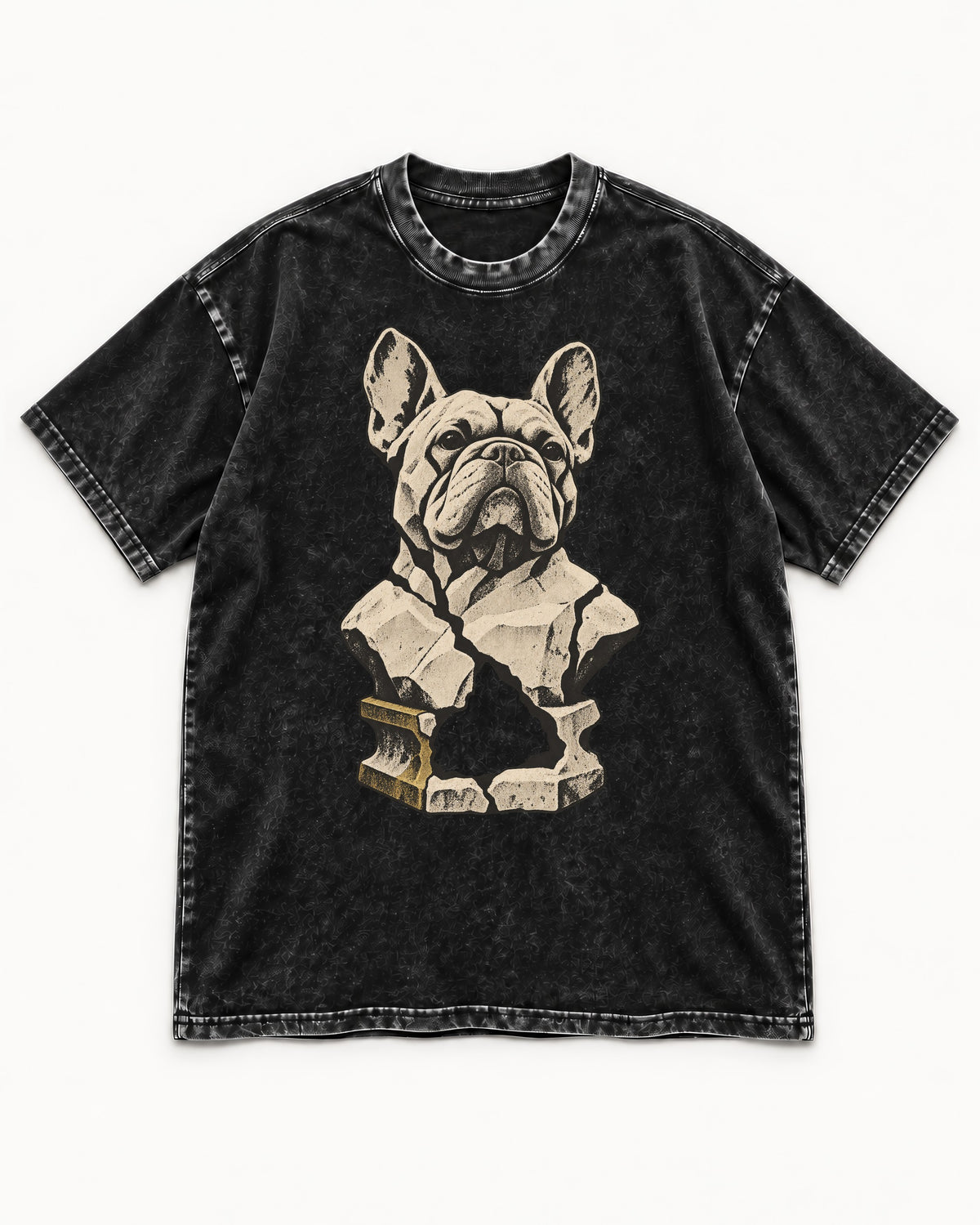 Frenchie Fractured Stone Bust Graphic Washed Tee in Black, flat lay product photo