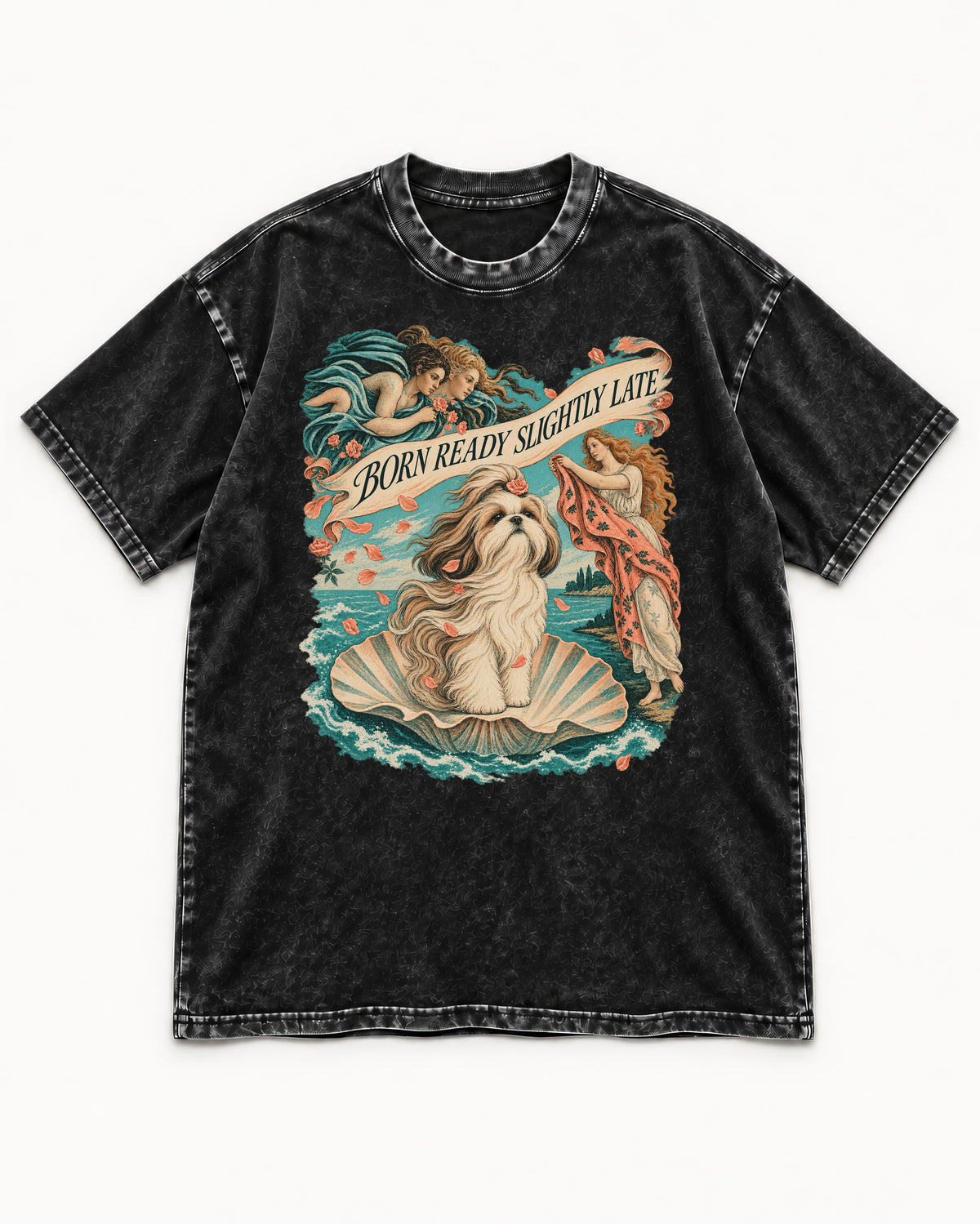 Shih Tzu Born Ready Slightly Late Venus Graphic Washed Tee in Black, flat lay product photo